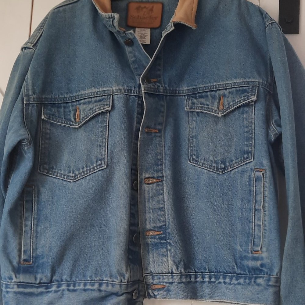 Denim Jacket/Leather Collar made in USA by Schaefer Outfitters-size M